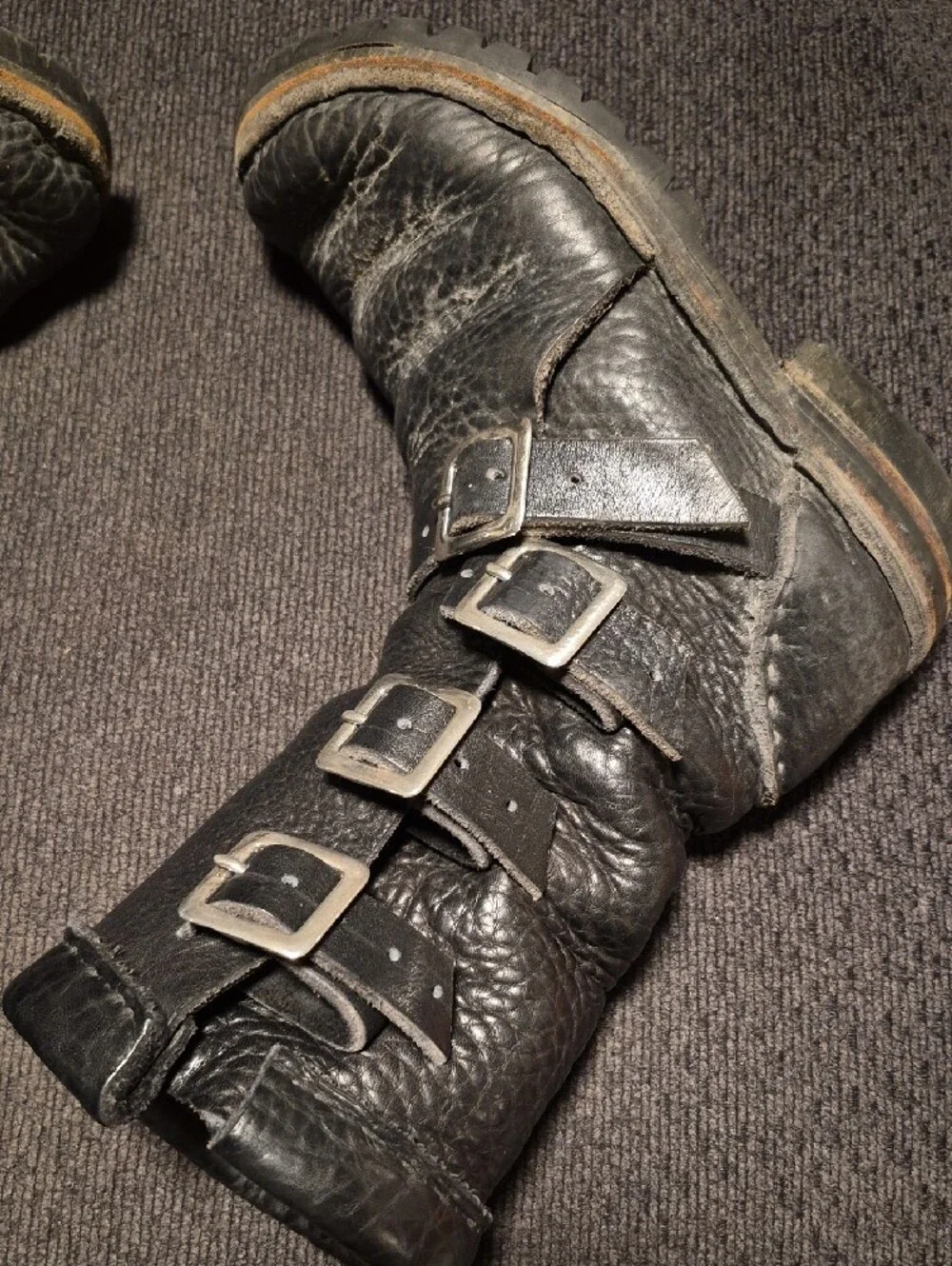 Men's Black Leather Buckle Strap Moto Boots